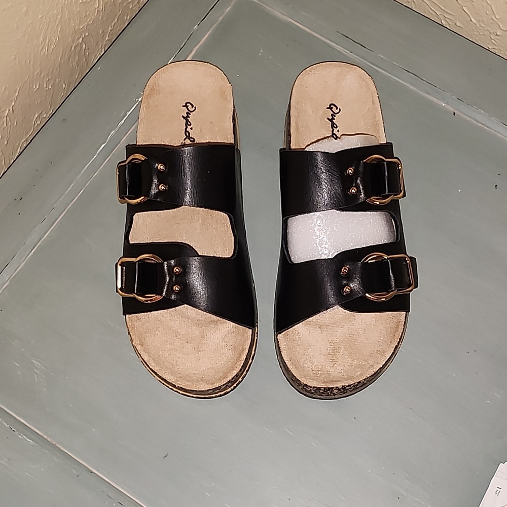 Qupid Black and Tan Mules with Buckle Straps